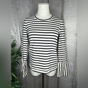 Madewell Crewneck Stripe Print Bell Sleeve Top Black & Cream Sz S